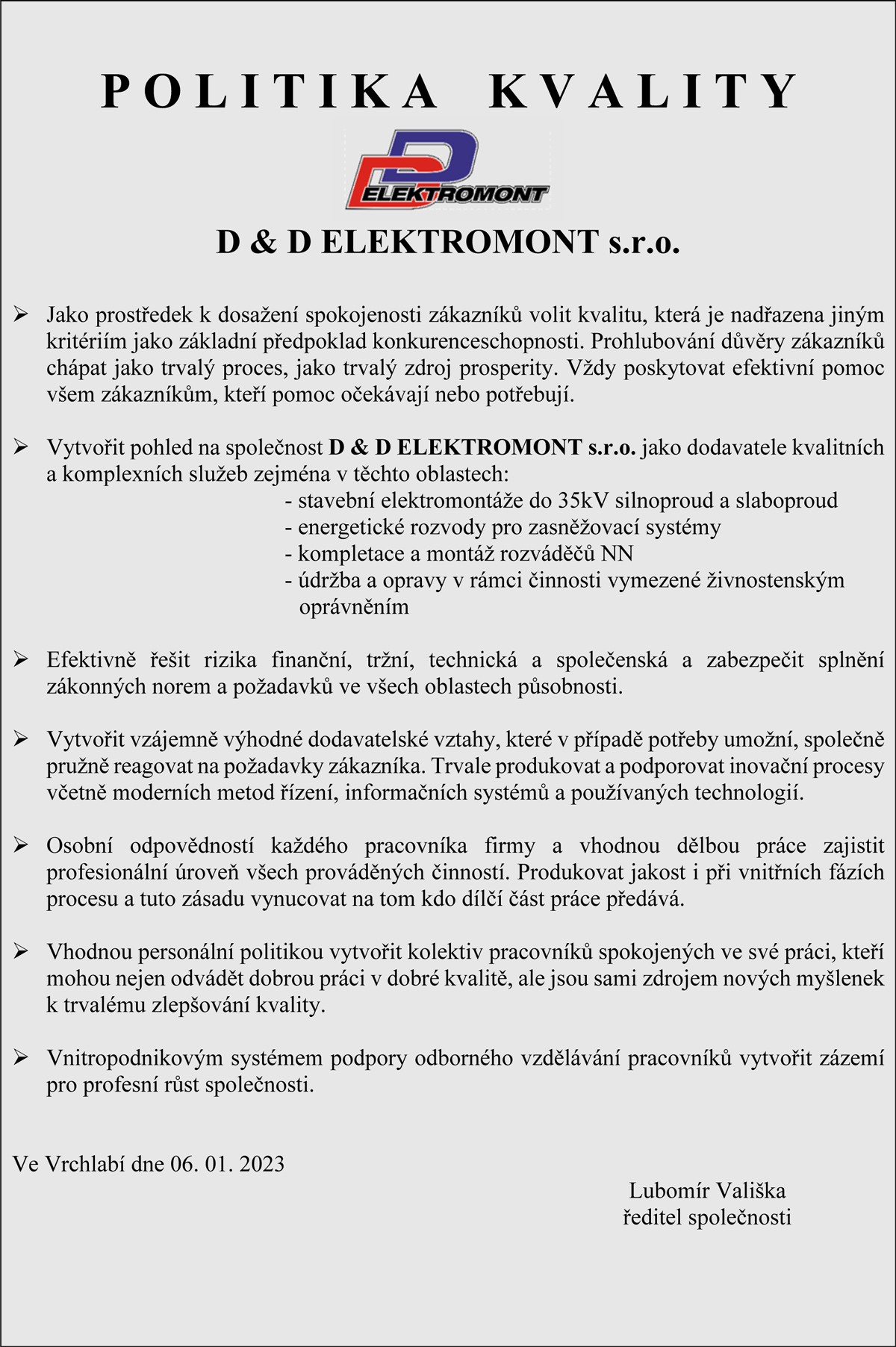 Politika kvality DD elektromont